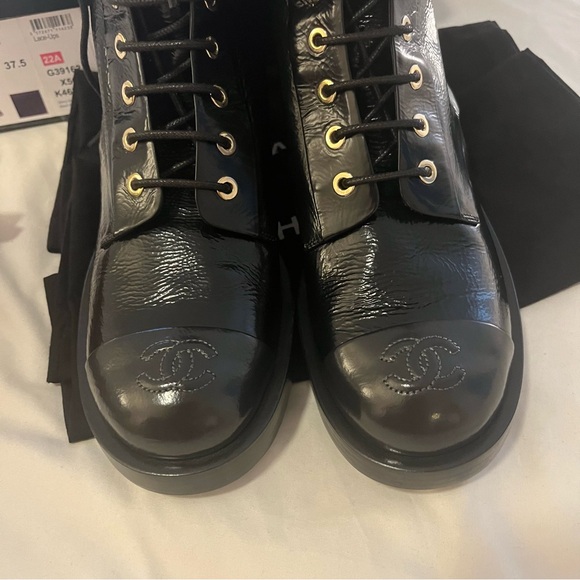 New Chanel Shiny Goatskin Cap Toe Combat Boots 37.5 Black $1850 - Picture 7 of 16